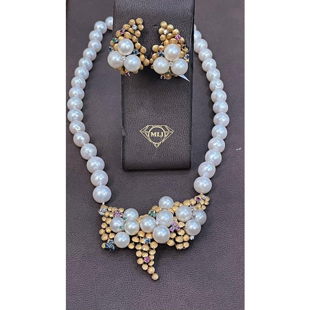 Antique Pearl and Brushed Gold Necklace and Earring Suite, Bridal 18 Karat Gold For Sale - Image 13 of 18