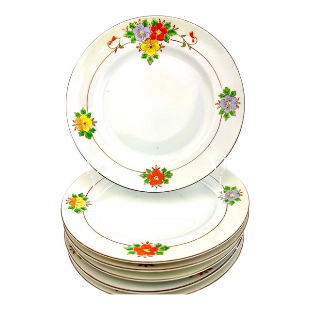 Vintage 1940's Hand Painted Floral Plates, Trico Nagoya Japan- Set of 6 For Sale