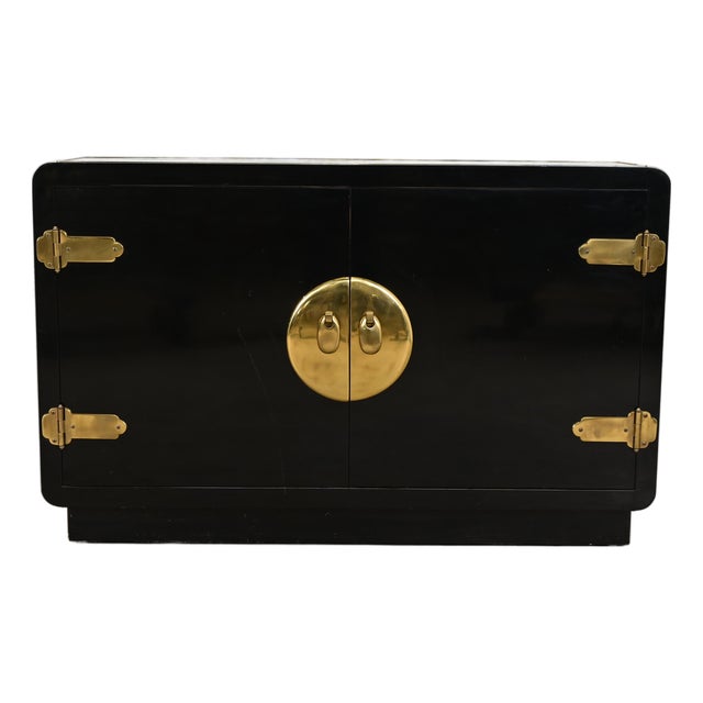 Mastercraft Mid-Century Hollywood Regency Black Lacquer and Brass Bar Cabinet, 1970s For Sale