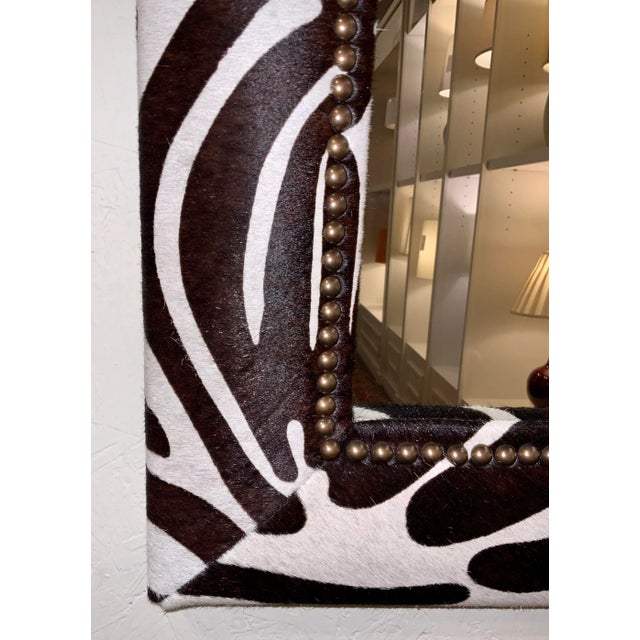 Timeless Mirror Image Co. Modern Zebra wall Mirror, hair on hide, antique brass nailhead detail, showroom floor sample