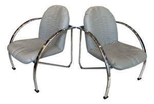Souvignet Folding Armchairs in Grey Chrome Leather, 1980, Set of 2