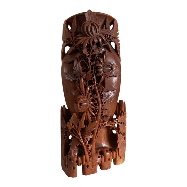 Large Antique Chinese Carved Amber Soapstone Vase For Sale