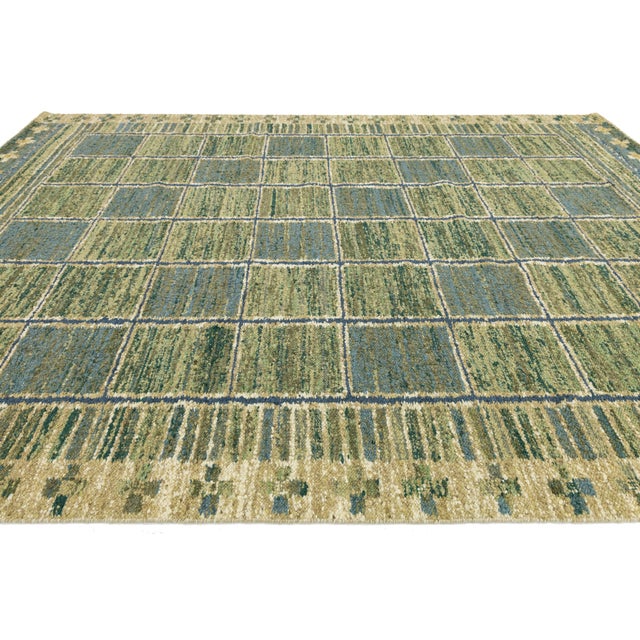 Modern Swedish-Style Flatweave Wool Rug – Moss Green & Slate Blue Geometric Grid For Sale - Image 9 of 10