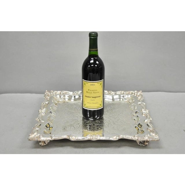 Victorian Vintage English Silver Mfg. Silver Plated Ornate Square Bar Serving Platter Tray For Sale - Image 3 of 14