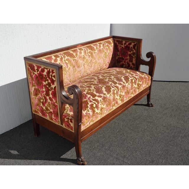 Antique French Country Biedemeier Settee Sofa W Burgunday Floral Velvet For Sale - Image 4 of 14