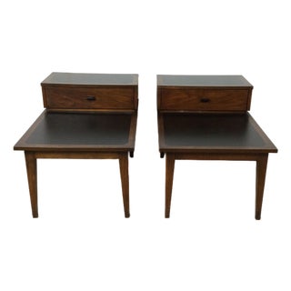 Pair Mid Century Modern Walnut Step Tables With Single Drawer For Sale