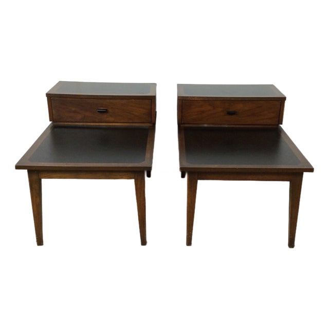 Pair Mid Century Modern Walnut Step Tables With Single Drawer For Sale