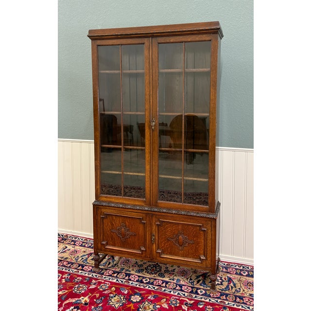 Antique English Jacobean Bookcase Bookshelf Cabinet Double Door Oak c.1930s For Sale - Image 10 of 17