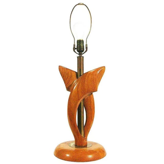 Yasha Heifetz Jascha Heifetz Free-Form Oak and Brass Table Lamps, Pair For Sale - Image 4 of 7