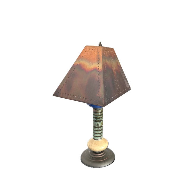Andrew Wender Studio Pottery Raku Totem Lamps With Custom Copper Shades, Signed - A Pair For Sale - Image 16 of 18