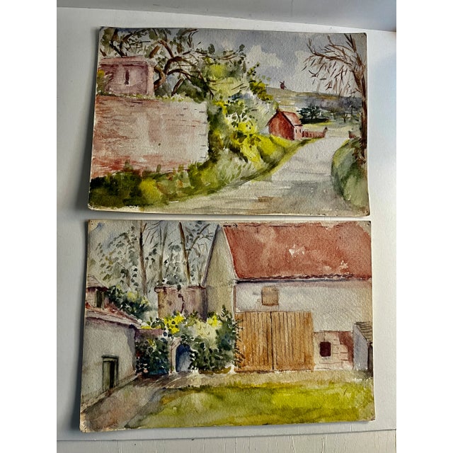 1950s Mid 20th Century Expressionist Rural Landscape Watercolor Paintings - Set of 2 For Sale - Image 5 of 5