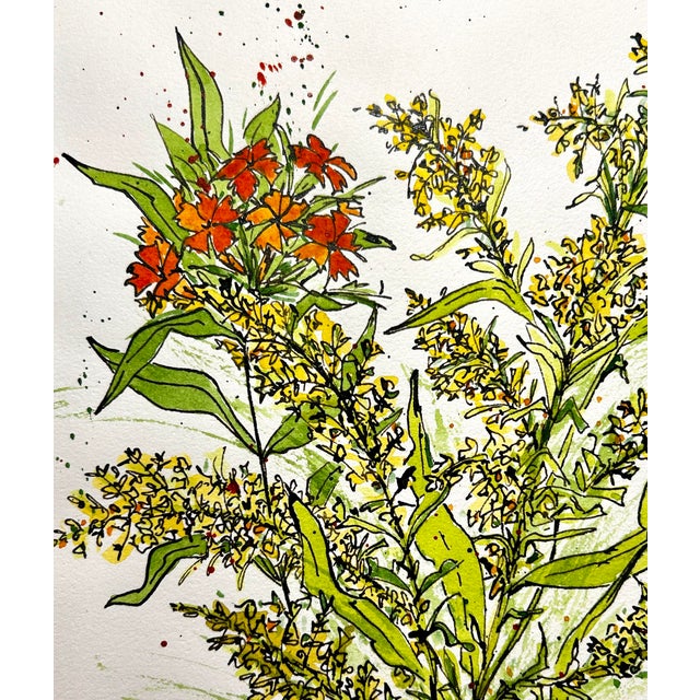 Art Deco Original Watercolor Painting Yellow Astilbe and Phlox For Sale - Image 3 of 4