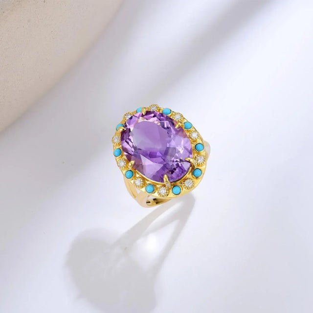 Not Yet Made - Made To Order Nina Zhou Amethyst Turquoise Diamond Vintage-Style Cocktail Ring in 14k Yellow Gold Ring, size 10 For Sale - Image 5 of 8