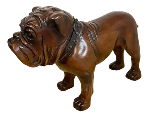 19th Century Antique English Carved Mahogany Bull Dog With Steel Collar