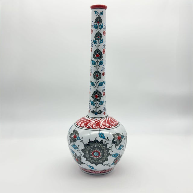 Ceramic Handmade Ceramic Long Neck Vase (25cm) – Grey Lotus & Red Shoulder – Elegant Bottle Form For Sale - Image 7 of 8