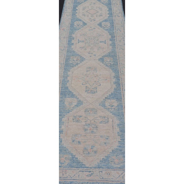 Oushak Modern Runner With Medallion Design in Shades of Blue and Cream For Sale - Image 4 of 9