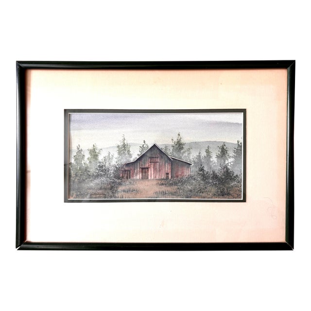 David Bleau, "Foggy Barn" – Signed Original Watercolor For Sale