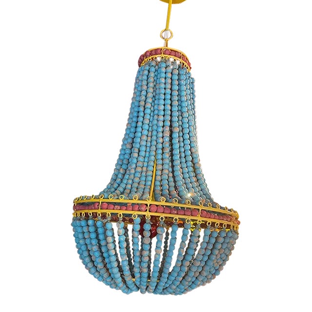 1990s Wooden Bead Ceiling Lamp in Style of Laura Covington Red Yellow Turquoise For Sale