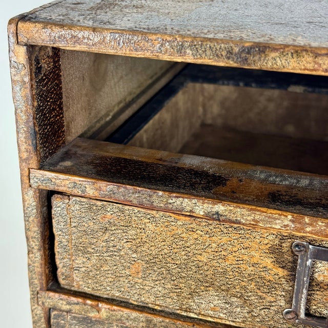 Early 20th C. Antique Six Drawers Desktop Office Cabinet With Remnant Embossed Patterned Paper Over Wood For Sale - Image 13 of 16