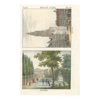 Gothic Church in Antwerp and a Park in Brussels, 1842, Paper For Sale