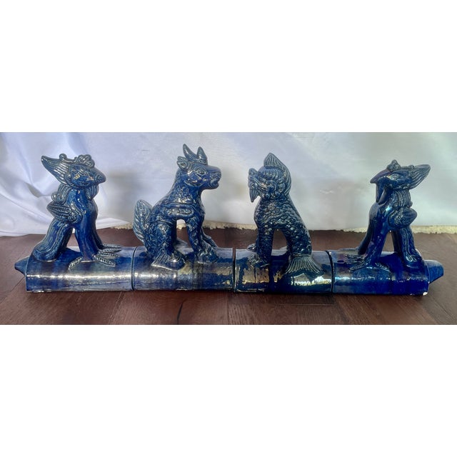 Vintage Cobalt Blue Chinese Ceramic Roof Tile Figurines - Set of 4 For Sale In Dallas - Image 6 of 18