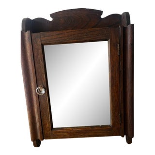 Antique Industrial Oak Storage Cabinet With Ontario Laundry Beveled Mirror For Sale