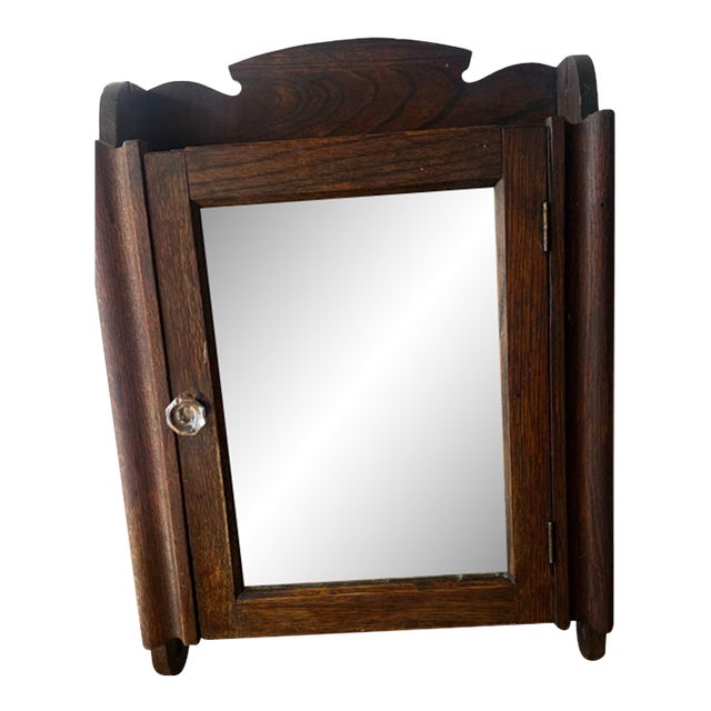 Antique Industrial Oak Storage Cabinet With Ontario Laundry Beveled Mirror For Sale