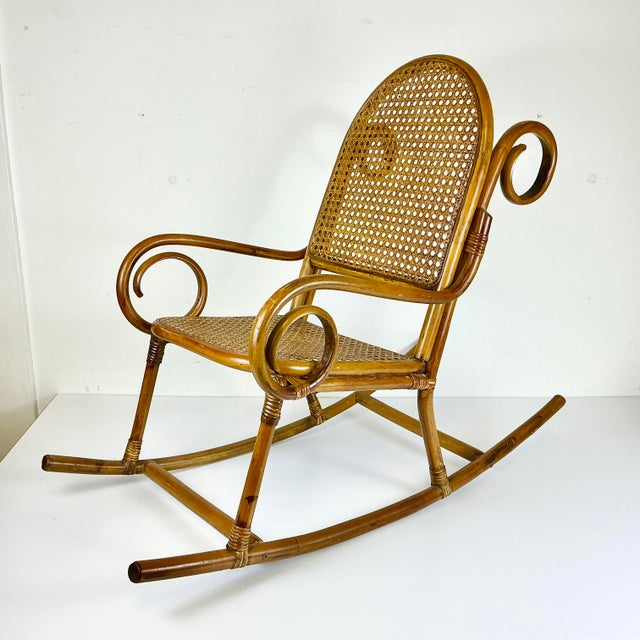 Chestnut Early 20th C French Boho Chic Coastal Child-Size Bentwood & Cane Rocking Chair, After Thonet For Sale - Image 8 of 15