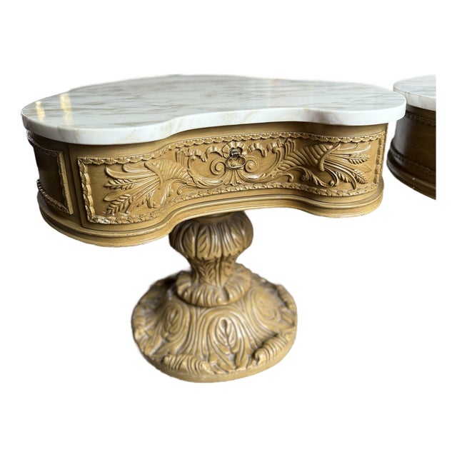 Vintage French Provincial Style Carved Wood Side Tables With a Marble Top For Sale