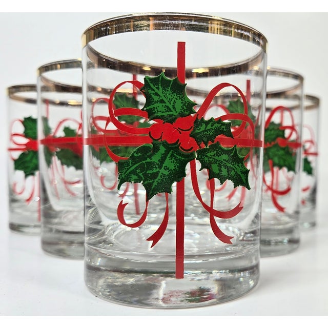 Mid 20th Century Holly and Ribbons Double Old Fashioned Glasses- Set of Six For Sale - Image 15 of 17