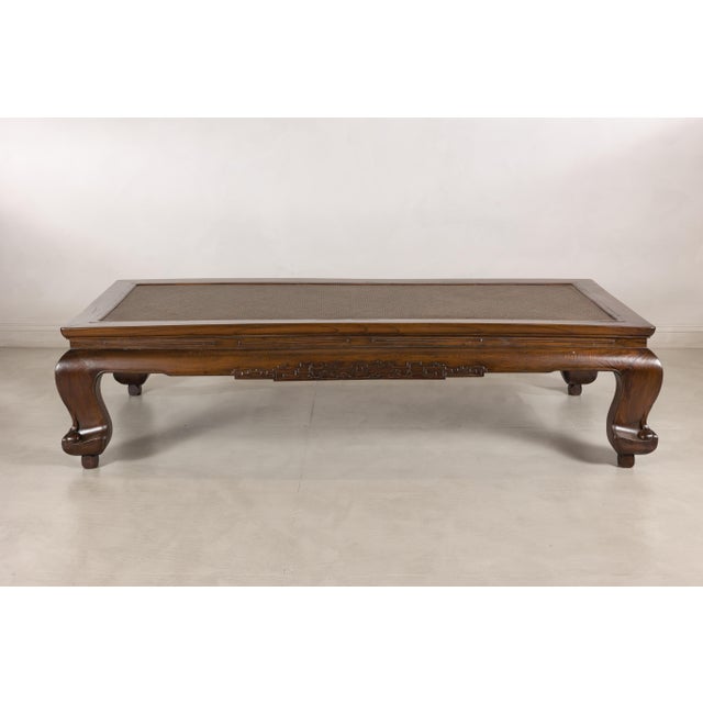 Antique Chinese Elm Opium Bed Coffee Table with Woven Rattan Top and Scroll Legs For Sale - Image 12 of 18