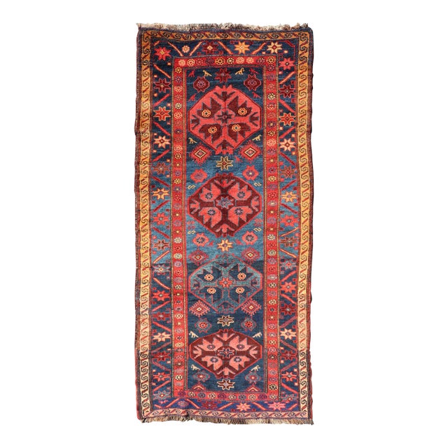 Antique Kurdish Gallery Rug With Indigo Field and Bold Tribal Medallions For Sale