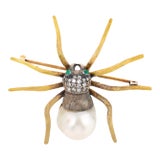 Vintage Pearl Diamond 18k Yellow Gold Silver Spider Brooch For Sale