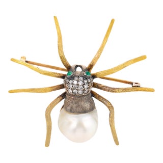 Vintage Pearl Diamond 18k Yellow Gold Silver Spider Brooch For Sale