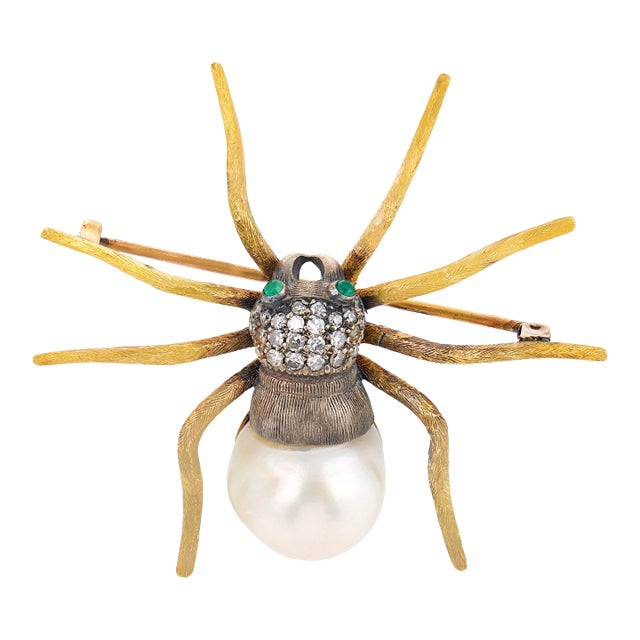 Vintage Pearl Diamond 18k Yellow Gold Silver Spider Brooch For Sale