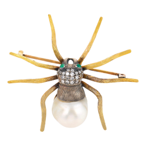 Vintage Pearl Diamond 18k Yellow Gold Silver Spider Brooch