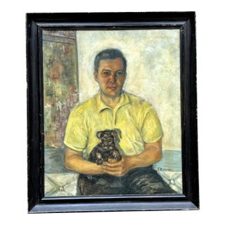 Vintage Figurative Man and Dog Oil Painting For Sale