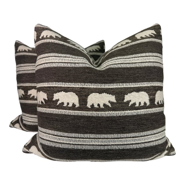 Schumacher "Koda Stripe" in Coffee 22" Pillows-a Pair For Sale