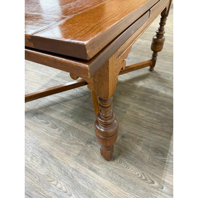 Wood Vintage Old English Tudor Jacobean Revival Style Oak Draw Leaf Dining Table For Sale - Image 7 of 18