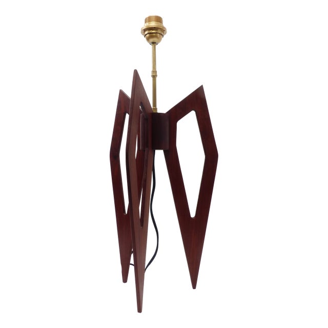 Large Sculptural Tripod Lamp in Stained Wood with Compass-Shaped Lines, 1960s For Sale