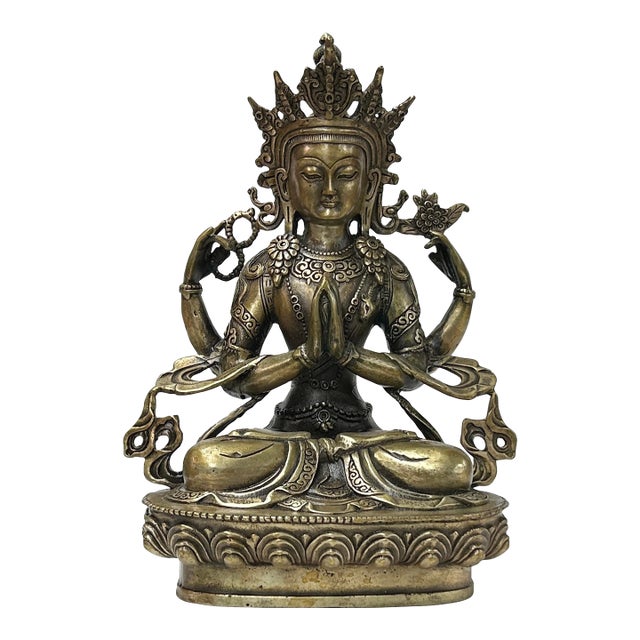Vintage Distressed Silver Color Metal Sitting Four Arms Tara Statue For Sale