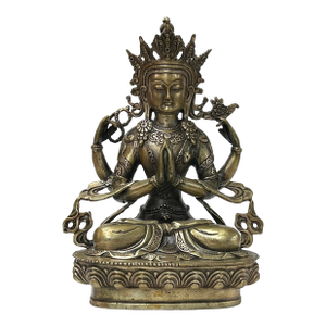 Vintage Distressed Silver Color Metal Sitting Four Arms Tara Statue