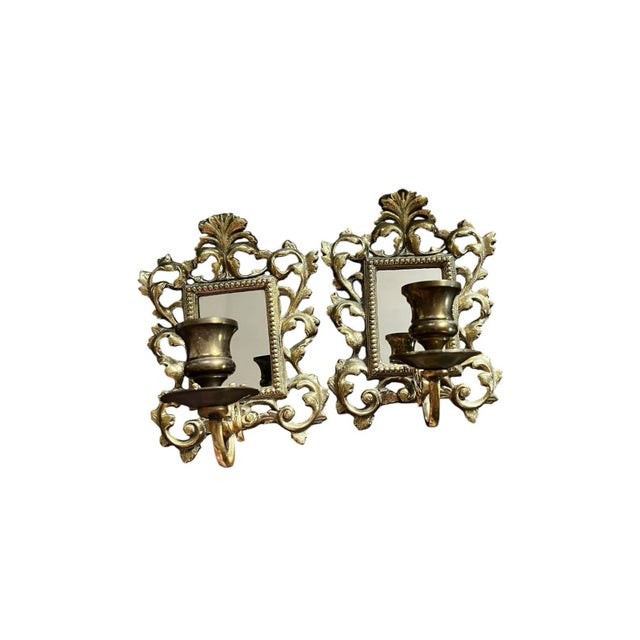 1950s VTG Brass Ornate Victorian 7.5” Wall Candle Holder Sconce Pair For Sale - Image 5 of 16