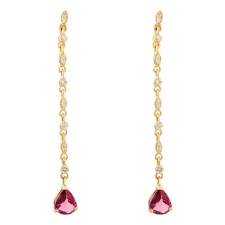 Ruby Drop Dangle Chain Earrings With Diamonds in 18k Gold- A Pair For Sale