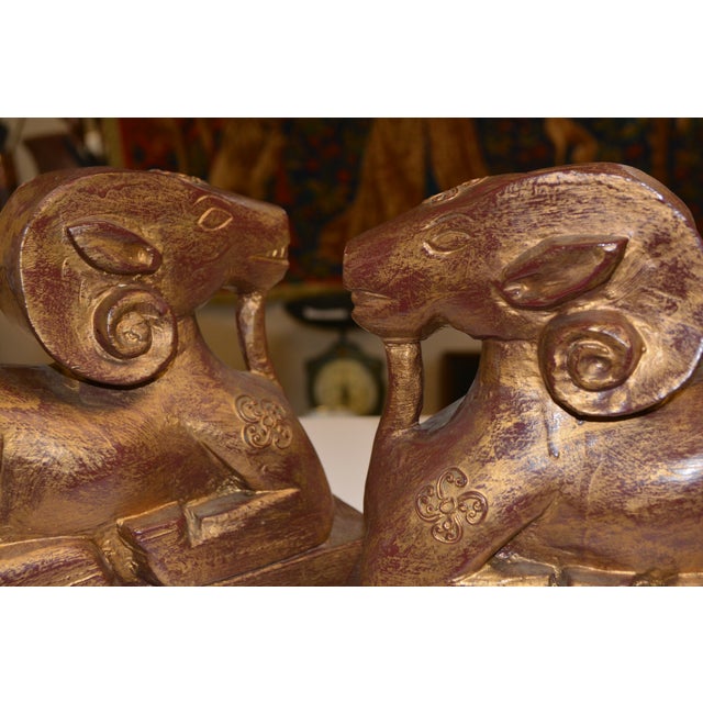 Wood Pair Carved Wood Seated Rams Gold / Burgundy Wash For Sale - Image 7 of 14