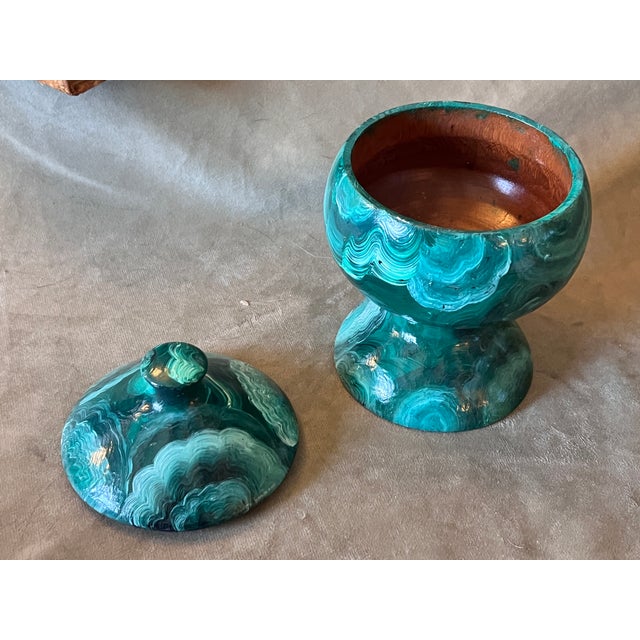 1970s Vintage Empire Revival Faux Malachite Hand Painted Small Table Article Urn For Sale - Image 5 of 9