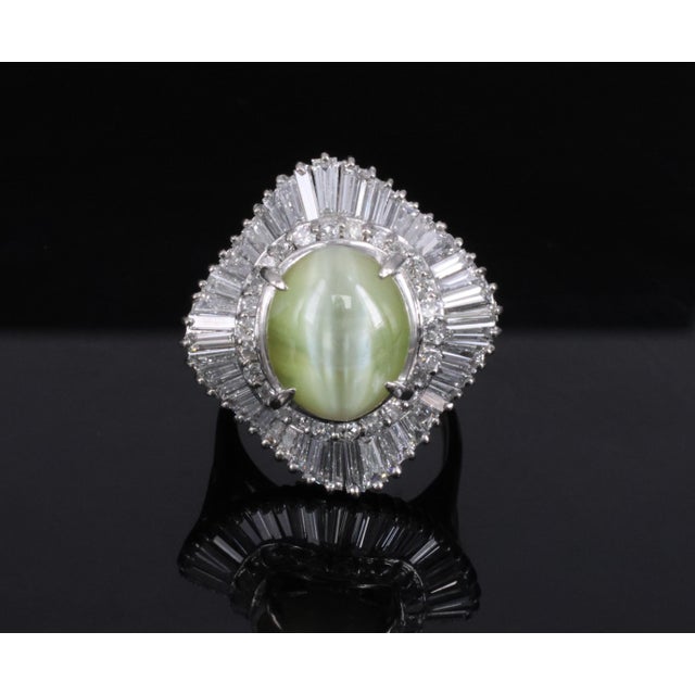 Green Late 20th Century Rare 8.95ct Natural Chrysoberyl Cat's Eye 2.60ct Diamond Platinum Ring Size 6.5 For Sale - Image 8 of 18