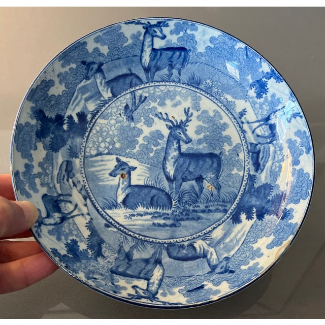 Antique Early 19th Century English Staffordshire Pearlware Blue & White Transferware Serving Dish With Deer in a Parkland For Sale In New York - Image 6 of 6