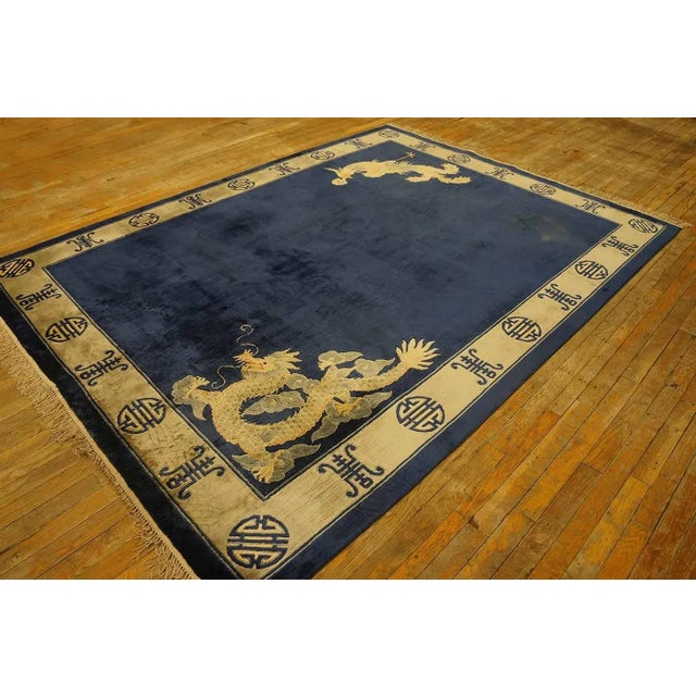1980s Navy Open Field Vintage Chinese Silk Dragon & Phoenix Carpet Knotted Rug For Sale - Image 12 of 12