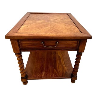 1970s Vintage Table With Drawer Barley Twist Legs Bottom Large Shelf Top Walnut Inlays For Sale